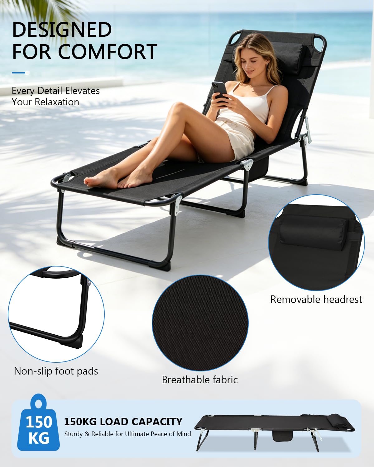 Tumbona plegable ligera, resistente a la intemperie, 150 kg, con respaldo ajustable de 5 posiciones, tumbona de playa plegable, para balcón, jardín, piscina, playa (negro)