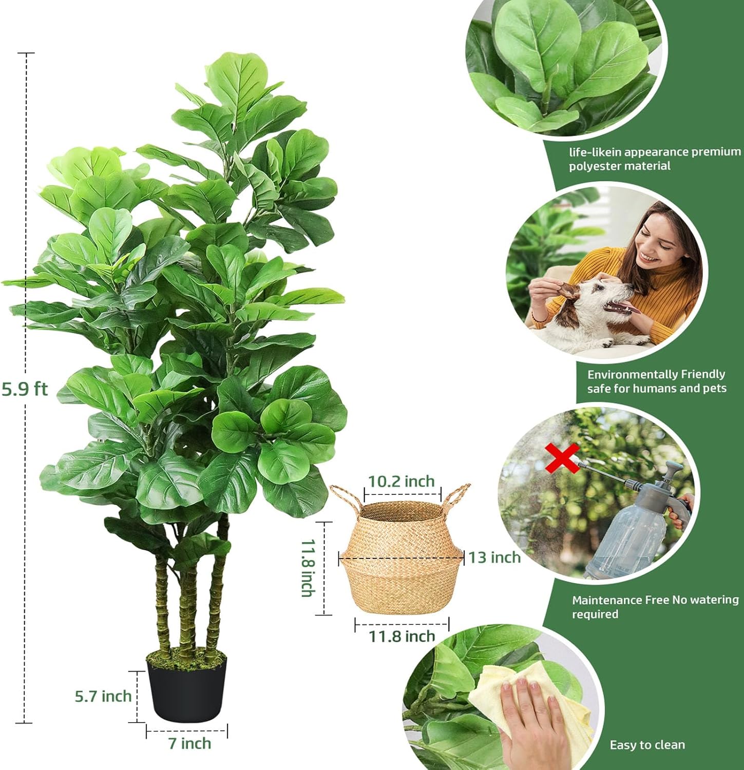 ROOMTEC Artificial Fiddle Leaf Fig Tree,6 FT Tall Artificial Tree with Woven Seagrass Plant Basket Fake Floor Plant in Pot for Home Decor Living Room Indoor Outdoor Office Bedroom Decor