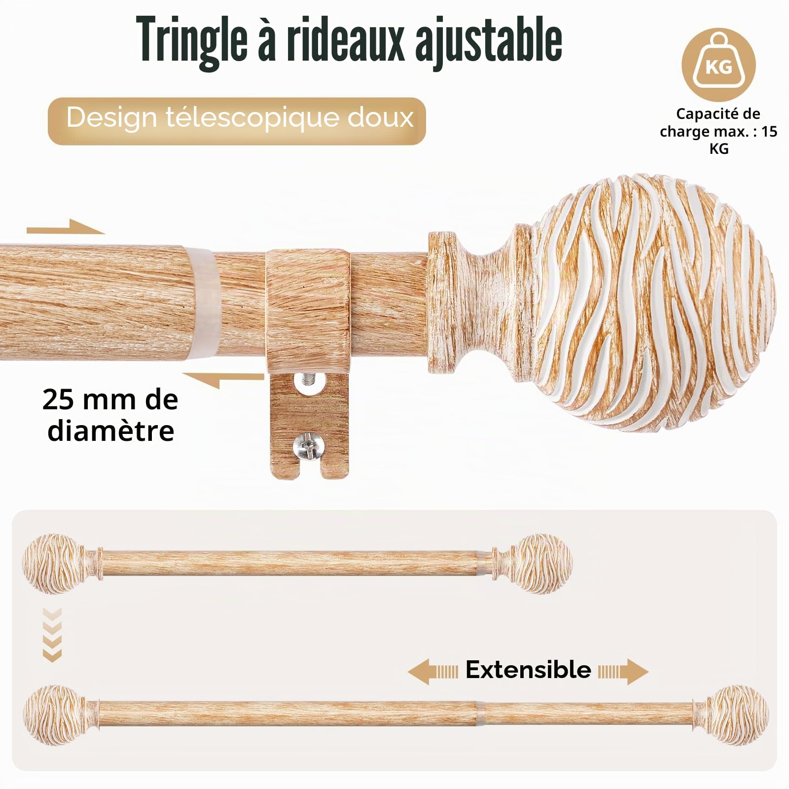Tringle à Rideau Extensible 76-219 cm | Ø 25 mm à Aspect Bois | Montage Mur ou Plafond | Pour Salon, Chambre & Terrasse, Brun