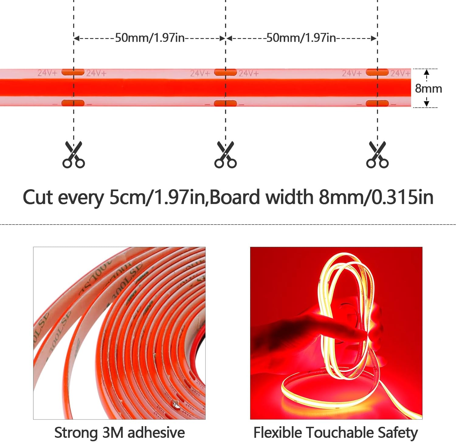 GOMING DC 24V COB LED Strip Light Red IP65 Waterproof 5M/16.4ft Uniform Glow 2400LEDs Flexible LED Tape Lights for DIY Garden Backyard Hallways Stairs Decor(No Power Supply)