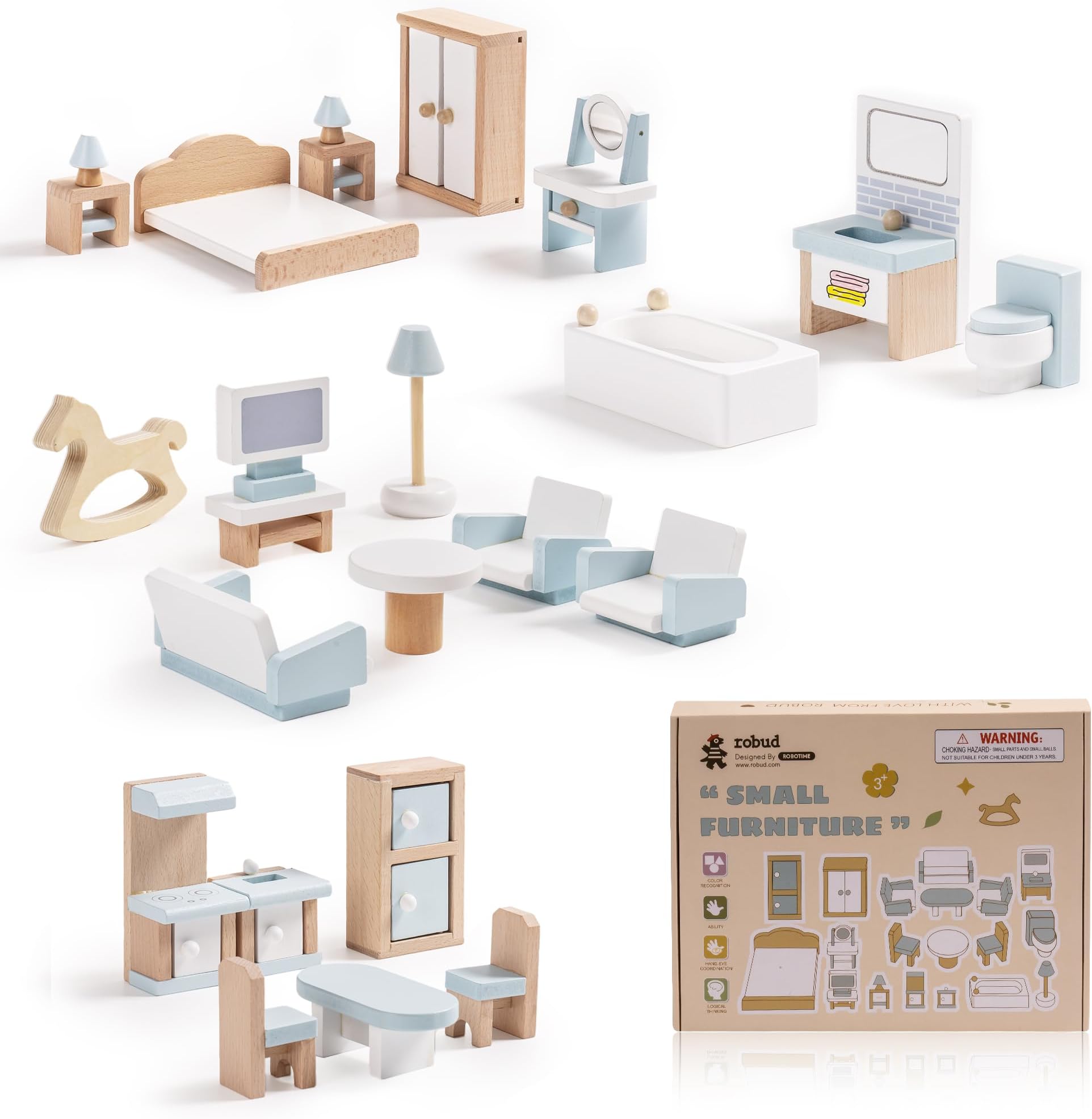 ROBUD Wooden Dollhouse Furniture Set, 23 Pcs Dollhouse Accessories, Miniature Furniture Including 5 Room Kits, Dollhouse Furniture Pretend Play Toys for Boys, Girls & Toddlers, 3+