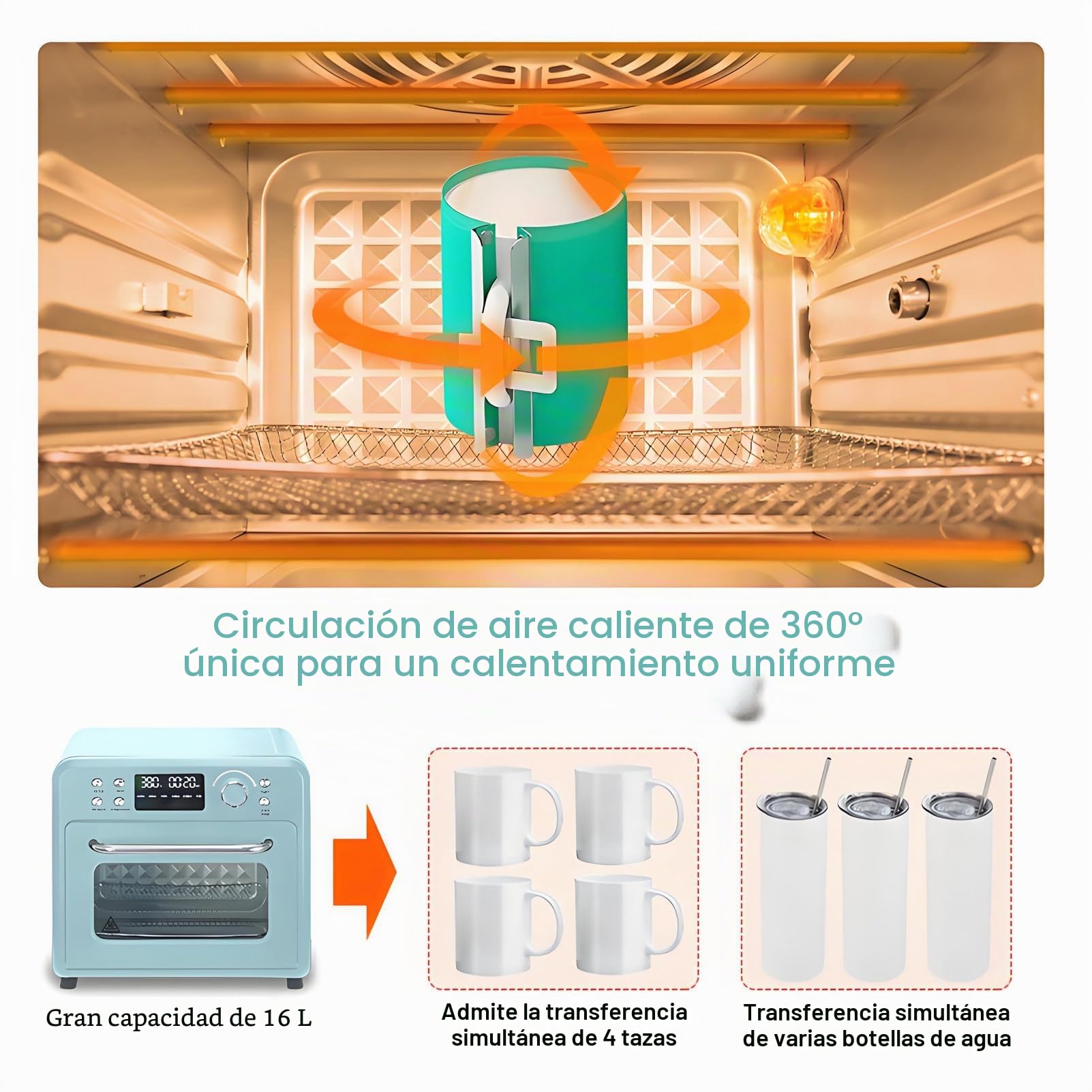 Horno de sublimación de 16/30 L para Manualidades y pequeñas Empresas: Prensa térmica de convección de 1400 W con Calentamiento de 360° para Tazas, Vasos y Tazas. 16L