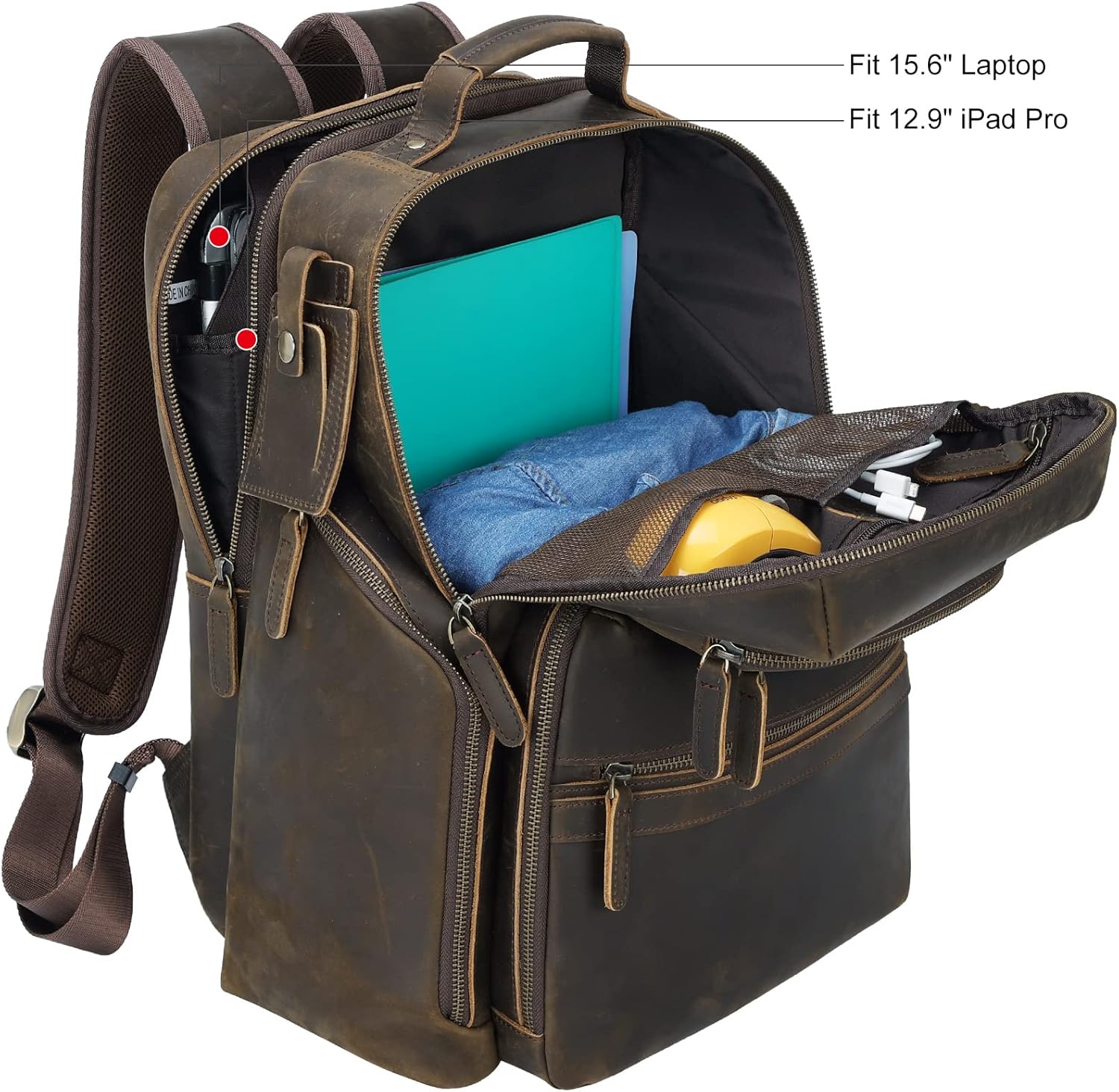 TIDING Men's Vintage Leather 15.6" Laptop Backpack Multi Pockets Travel Rucksack Business Overnight Daypack - Image 4