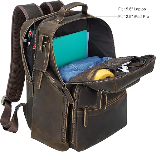 Miniatura 4 de TIDING Mochila de cuero para laptop de 15.6 pulgadas para hombre, con múltiples bolsillos, mochila de viaje para negocios durante la noche con