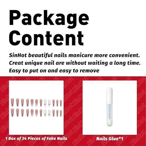 Miniatura 6 de SINHOT Uñas postizas cuadradas largas a presión, uñas postizas de punta francesa, uñas acrílicas cuadradas con pegamento brillante, diseño de líneas