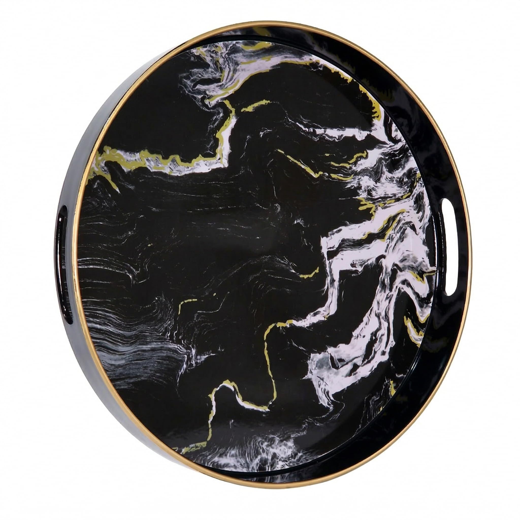 Heaven4you Round Premium Luxury Decorative Serving Tray with Gold Trim | Glossy Finish Cosmetic Tray Organiser or Serving Tray for Coffee Table or Dining (Black Marble) — image 1