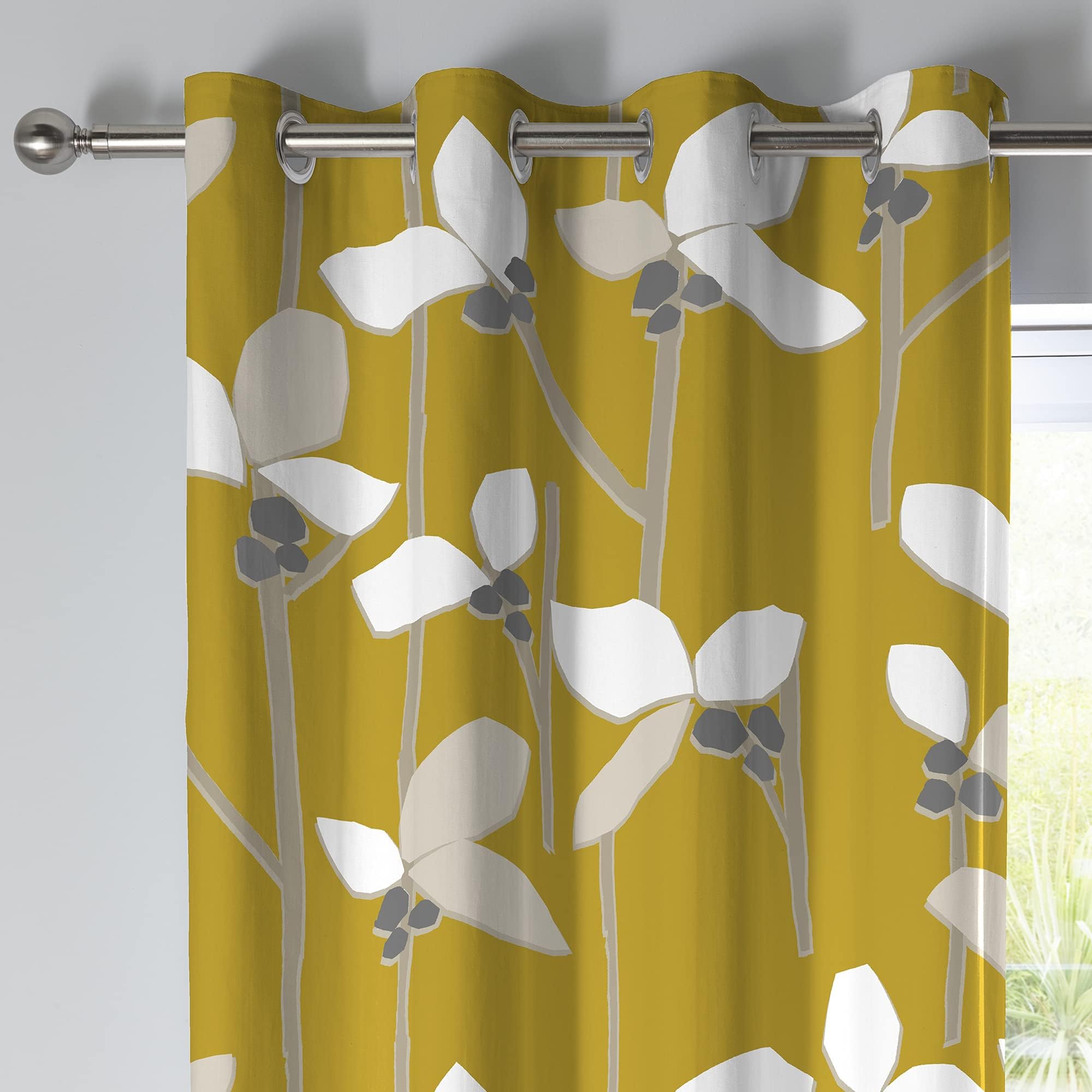 Fusion - Kalmar - 100% Cotton Pair of Eyelet Curtains - 66" Width x 72" Drop (168 x 183cm) in Ochre