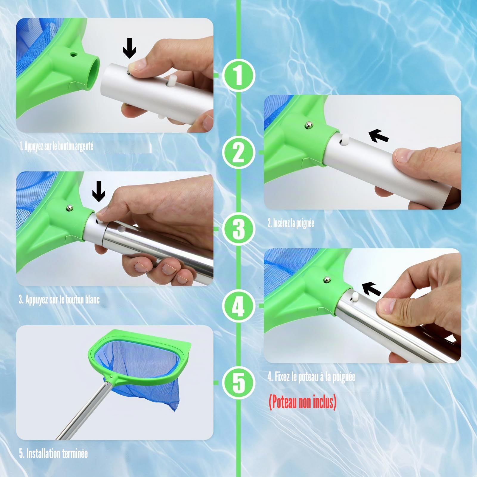 Epuisette de Piscine Maille Fine(Aucun Bâton), Épuisette de Fond & Surface Ecumoire pour Piscine, Jacuzzi, Spa, Bassin Exterieur Professionnelle, Filet de Nettoyage de Fond Piscine