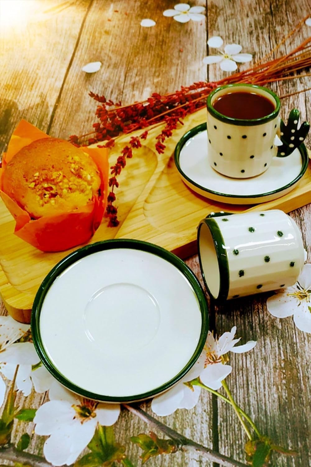 SODEF Turkish Coffee Espresso Cup Set Handmade 3 fl oz for Two People, Green Ceramic Gift Set for 's Day - Green