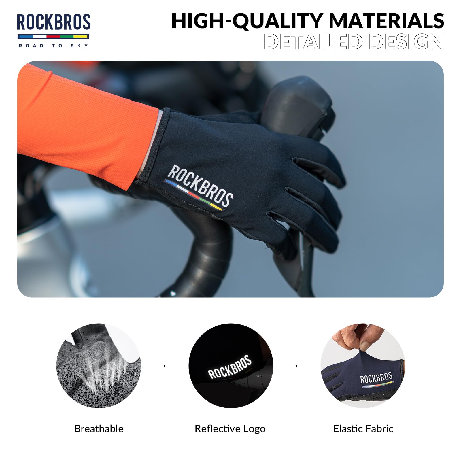 ROCKBROS Road-to-Sky Gants de Vélo Homme Femme Plein Doigt Écran Tactile Printemps Été Automne Respirant Antidérapant SBR Coussin Essuyer Sueur Vélo Course Vélo Route Fitness Noir Bleu Blanc Vert M-XL