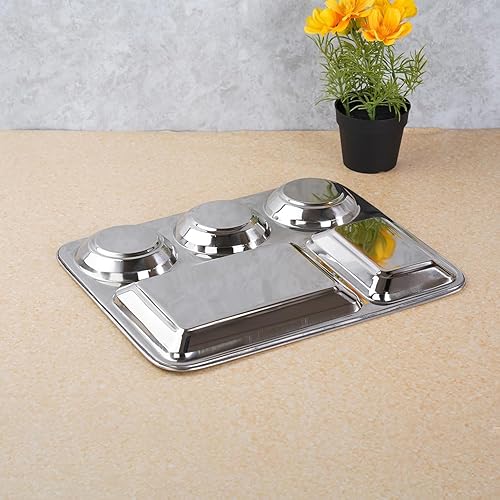 Miniatura 3 de King International Platos de acero inoxidable, plato de cena indio dividido, juego de 4 platos redondos de cuatro secciones, 12 pulgadas, placa de