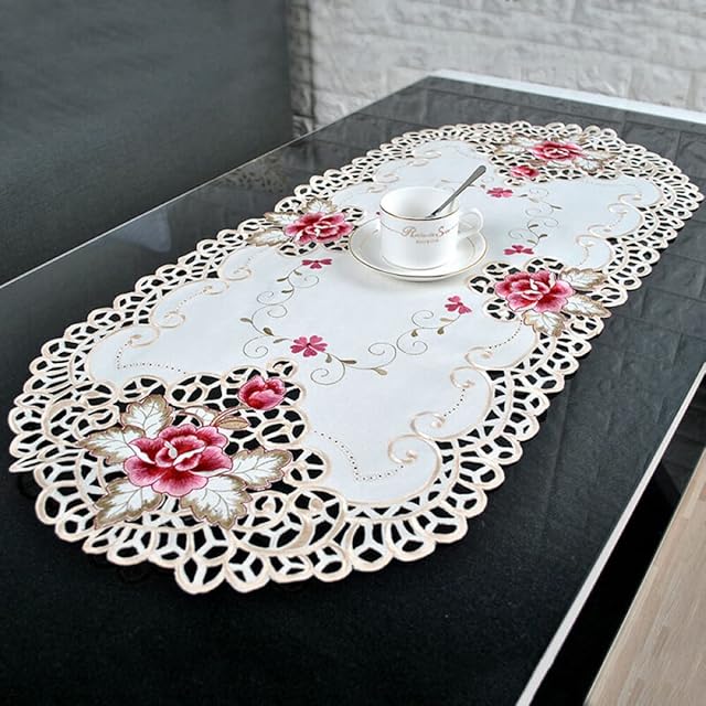 DAZZLEEX White Oval Lace Tablecloth Doily Embroidered Floral Small Table Cover Home Decor Quality 16" x 33"