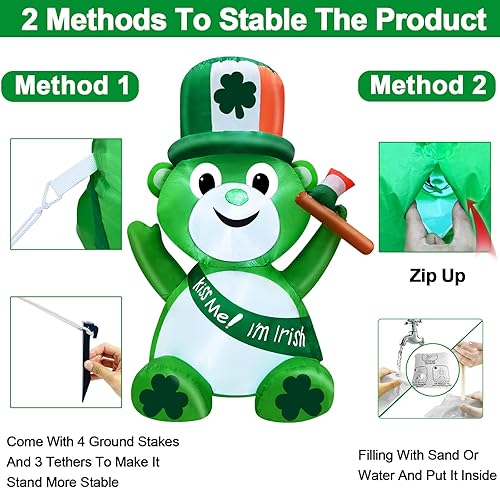 Miniatura 4 de TURNMEON Decoración inflable para el día de San Patricio de 4 pies para exteriores oso inflable con la bandera irlandesa sombrero de trébol de la