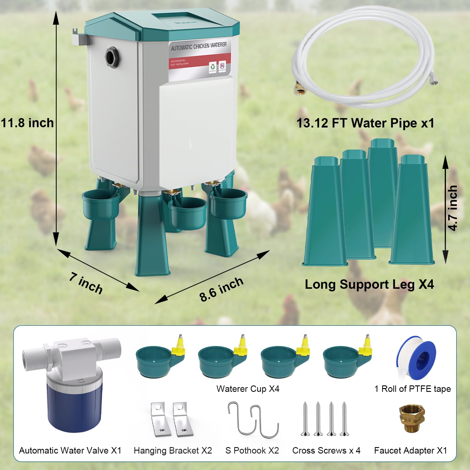 Bebedero automático de pollo, 2 galones, alimentador de agua para pollo controlado por flotador con 4 tazas de agua, manguera de 158.4 pulgadas con extremos de 3/4 pulgadas y 1/2 pulgadas, bebedero