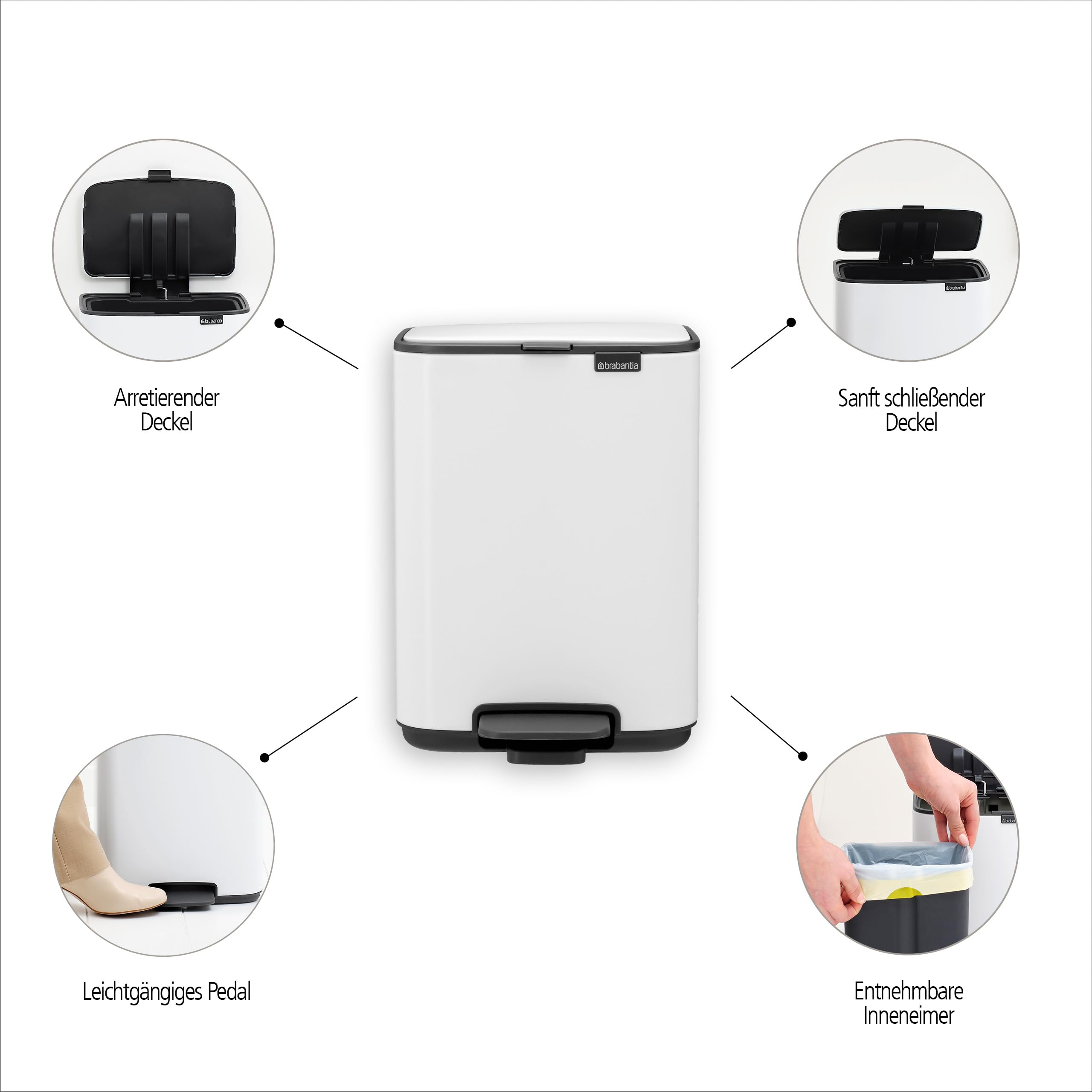 Brabantia Bo Treteimer 7 L (schwarzgrau), platzsparender Mini Mülleimer mit Soft-Close-Funktion und leichtgängigem Pedal, Badmülleimer mit herausnehmbarem Inneneimer, inklusive PerfectFit Müllbeuteln