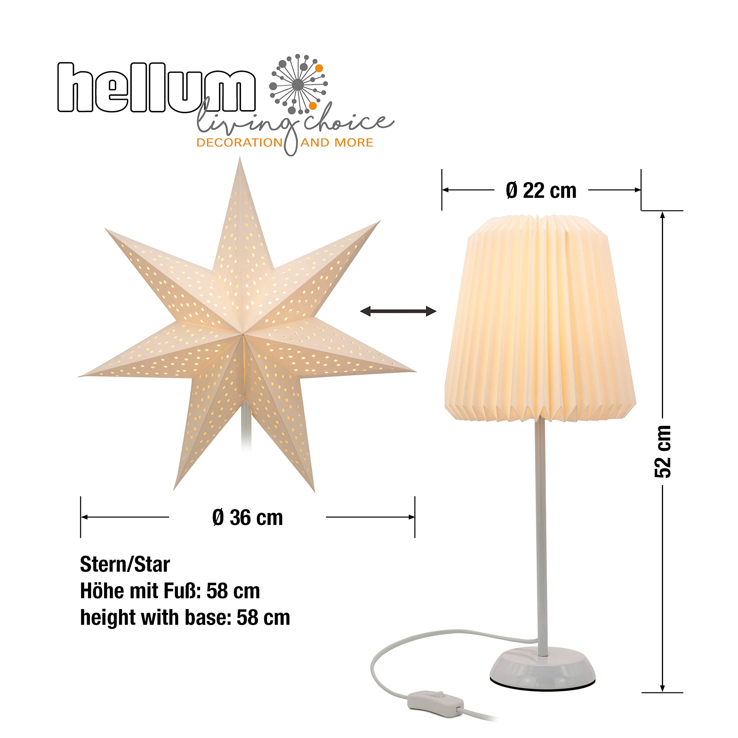 hellum Tischlampe mit Wechselschirm Weihnachten Papierstern order Design Papier-Lampenschirm, Weiß Faltbar Papierschirm mit Fuß aus Metall, Deko Leuchtemit LED-Glühbirne mit Schalter, 578430