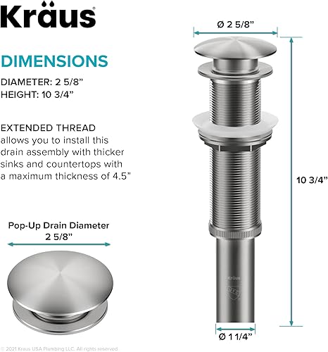 Miniatura 4 de KRAUS Desagüe emergente para lavabo de baño con rosca extendida para encimeras más gruesas y fregaderos de vidrio en acero inoxidable sin manchas,