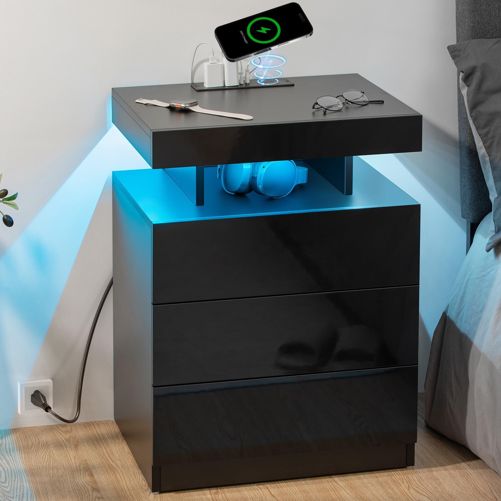 Amazon.com: BTHFST Nightstand with Charging Station and LED Lights, Led ...