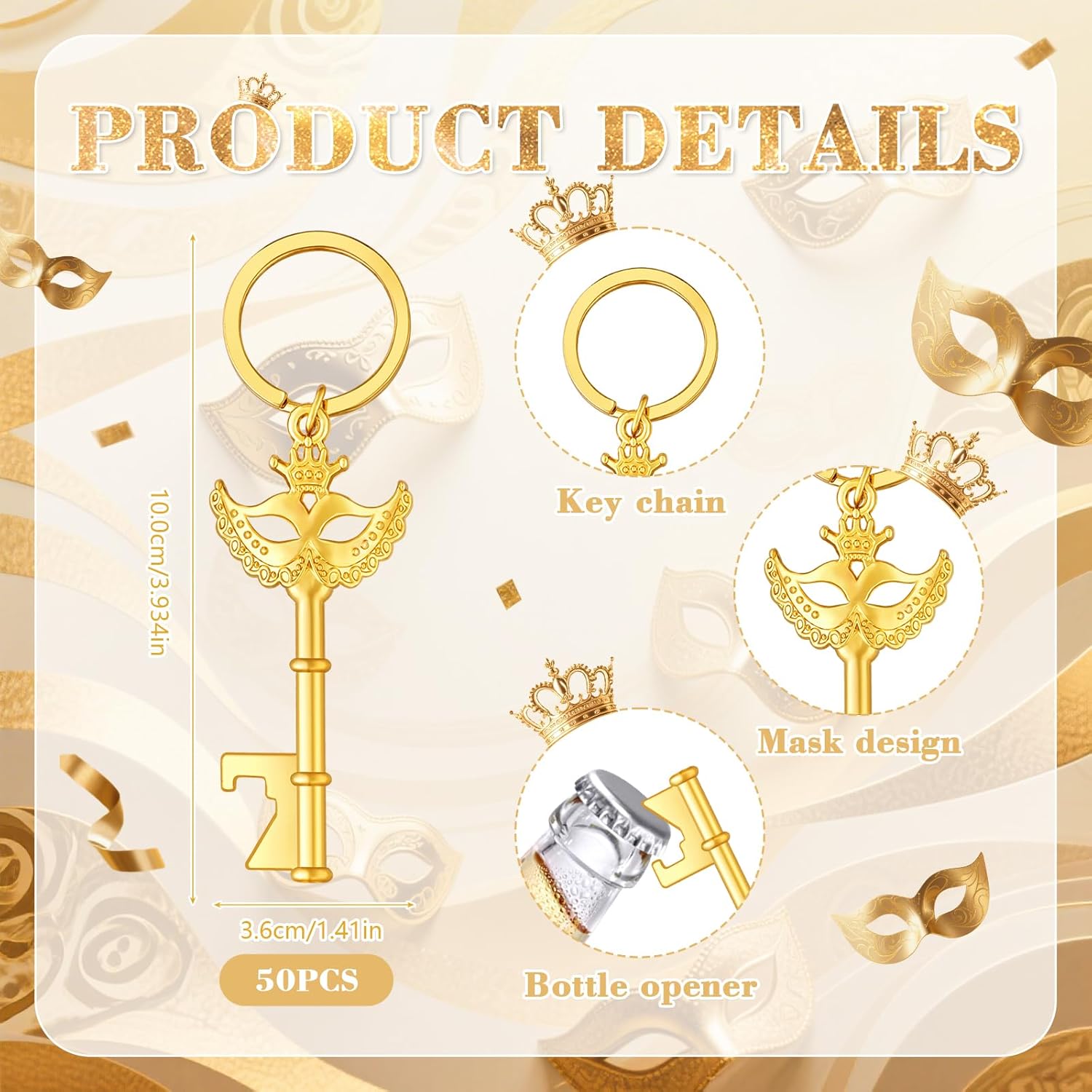 50Pcs Mask Design Keycahin Bottle Openers Beautiful Centerpieces for Tables for Masquerade Mask Party Wedding Favors Bridal Shower Party Baby Shower Gifts with Thank You Tags and Bags (Crown)
