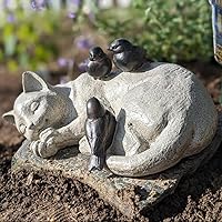 LCdecohome Sleeping Cat Garden Statue with Sparrows - 12" Resin Outdoor Pet Memorial Figurine, Weatherproof Grave Marker