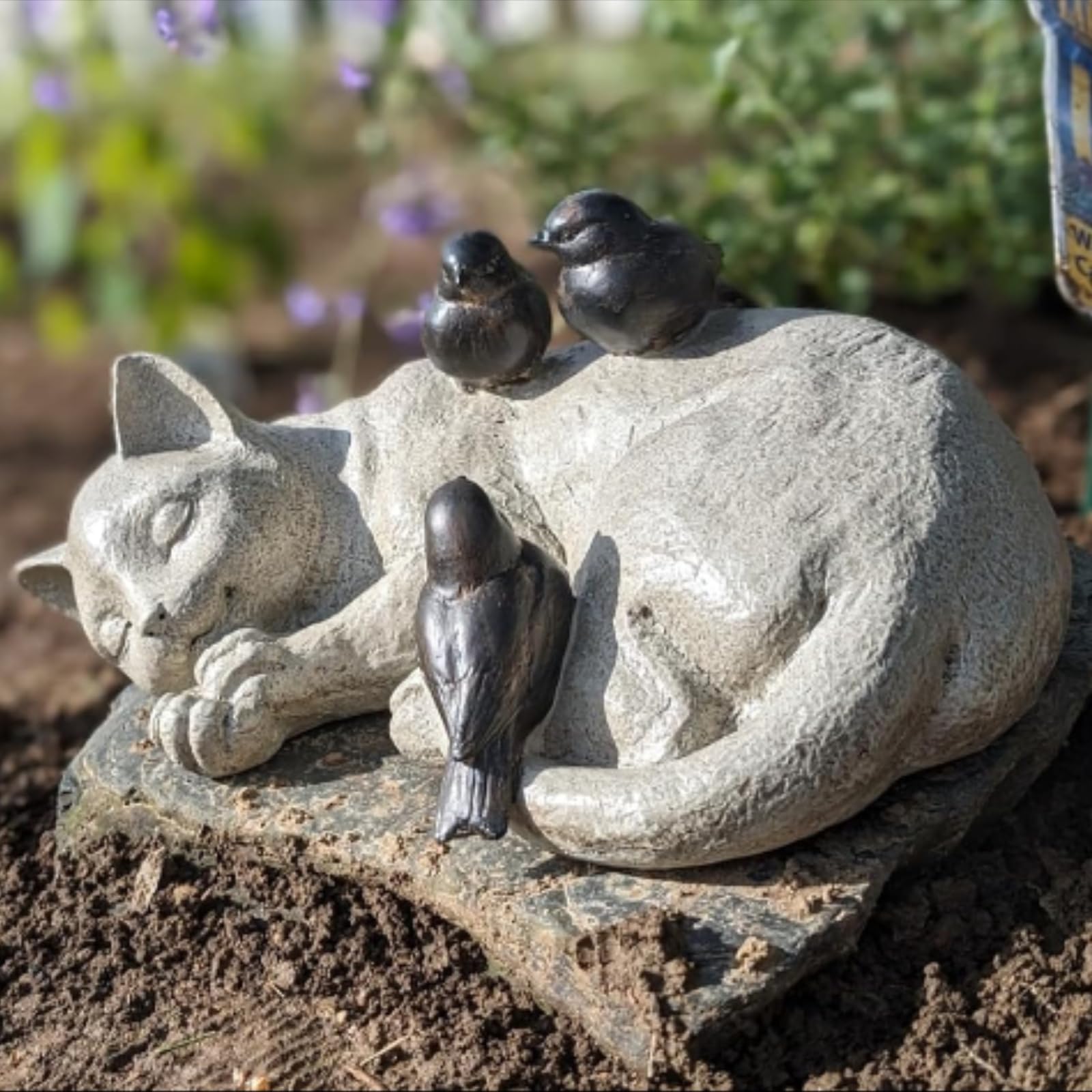 Sleeping Cat Garden Statues Outdoor - 12" Sparrows On Cat Figurine Memorial Statue Grave Markers Garden Resin Statues for Outdoor Decor Outdoor Statue Resin 12" x 8" x 4.5"