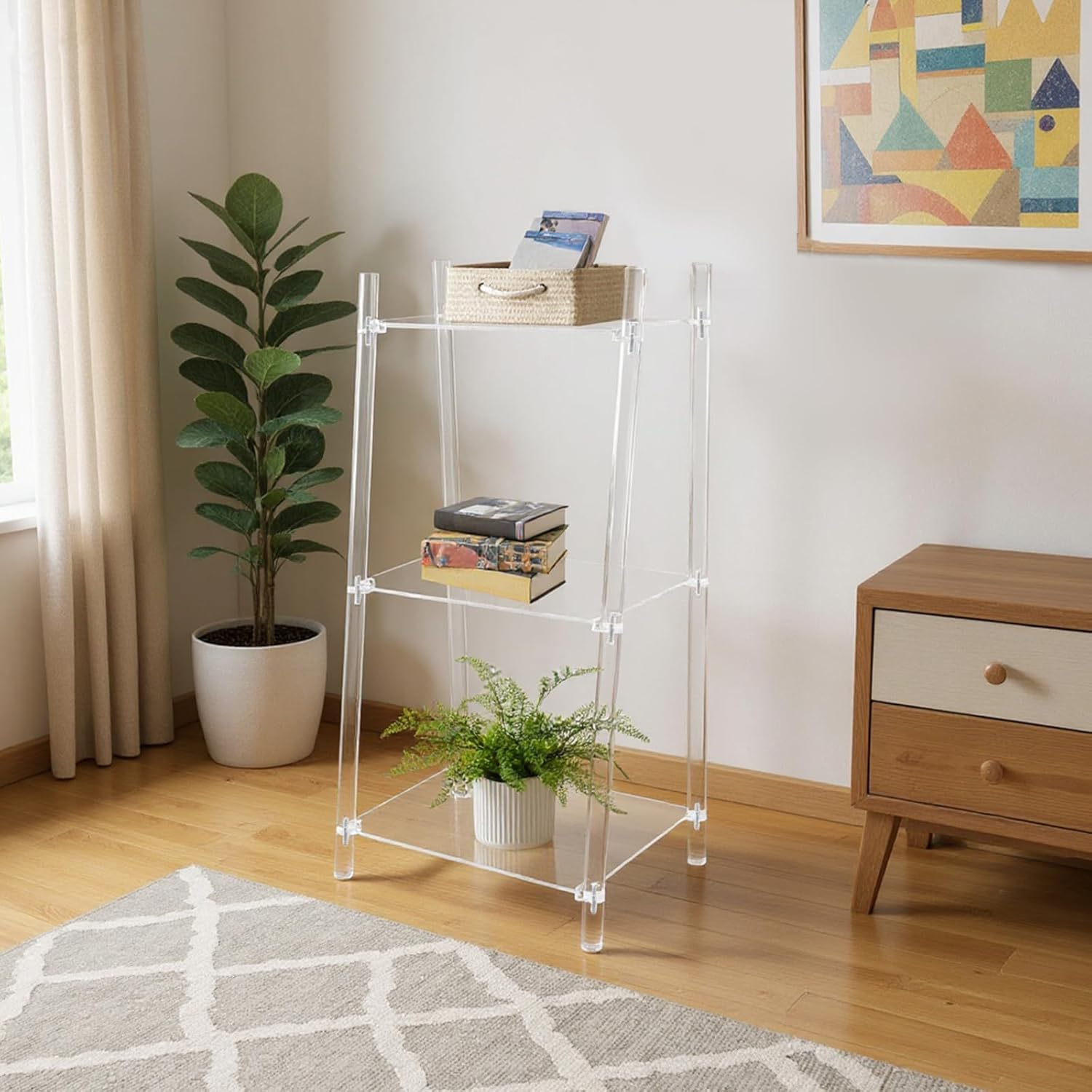 3 Tier Clear Bookshelf, Acrylic Ladder Shelf, Multipurpose Book Shelf, Storage Rack, Clear Display Stand for Storing Books, Ornaments, Vases, Office Supplies (15.6'' L x 11.6'' W x 32'' H)
