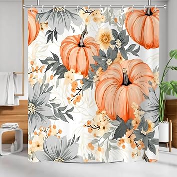 Fall Pumpkin Shower Curtain Set Boho Watercolor Floral Autumn Pumpkin Thanksgiving Decorative Bath Curtain Farmhouse Fabric Waterproof Bathroom Decoration with 12 Hooks, 72x72in