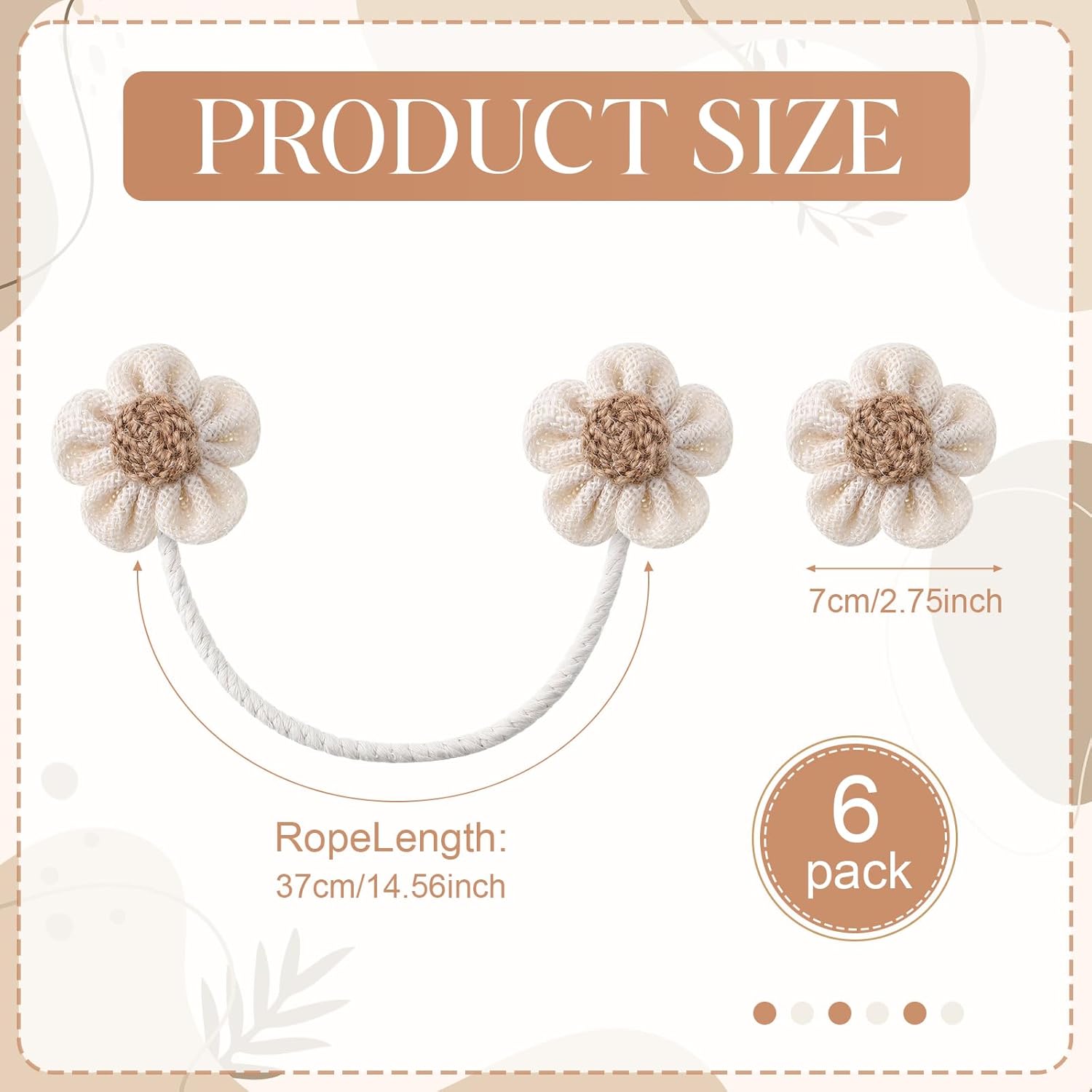 Moukeren 6 Pack Boho Sunflower Rope Curtain Tiebacks Simple Elegant Farmhouse DIY Curtain Holdbacks Accessories Wall Decoration for Home Office(Cream,Dual-Flower)
