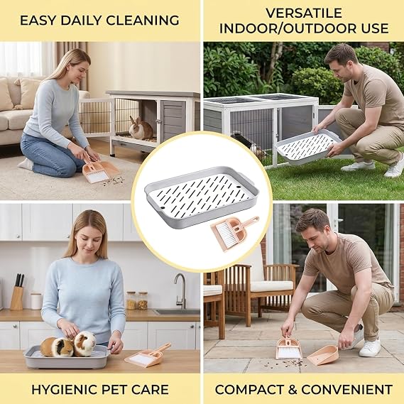 Rabbit Litter Tray Set, Includes Small Broom and Dustpan, Guinea Pig Litter Tray Corner Pan with Low Entry, Compact Rabbit Litter Box for Cages