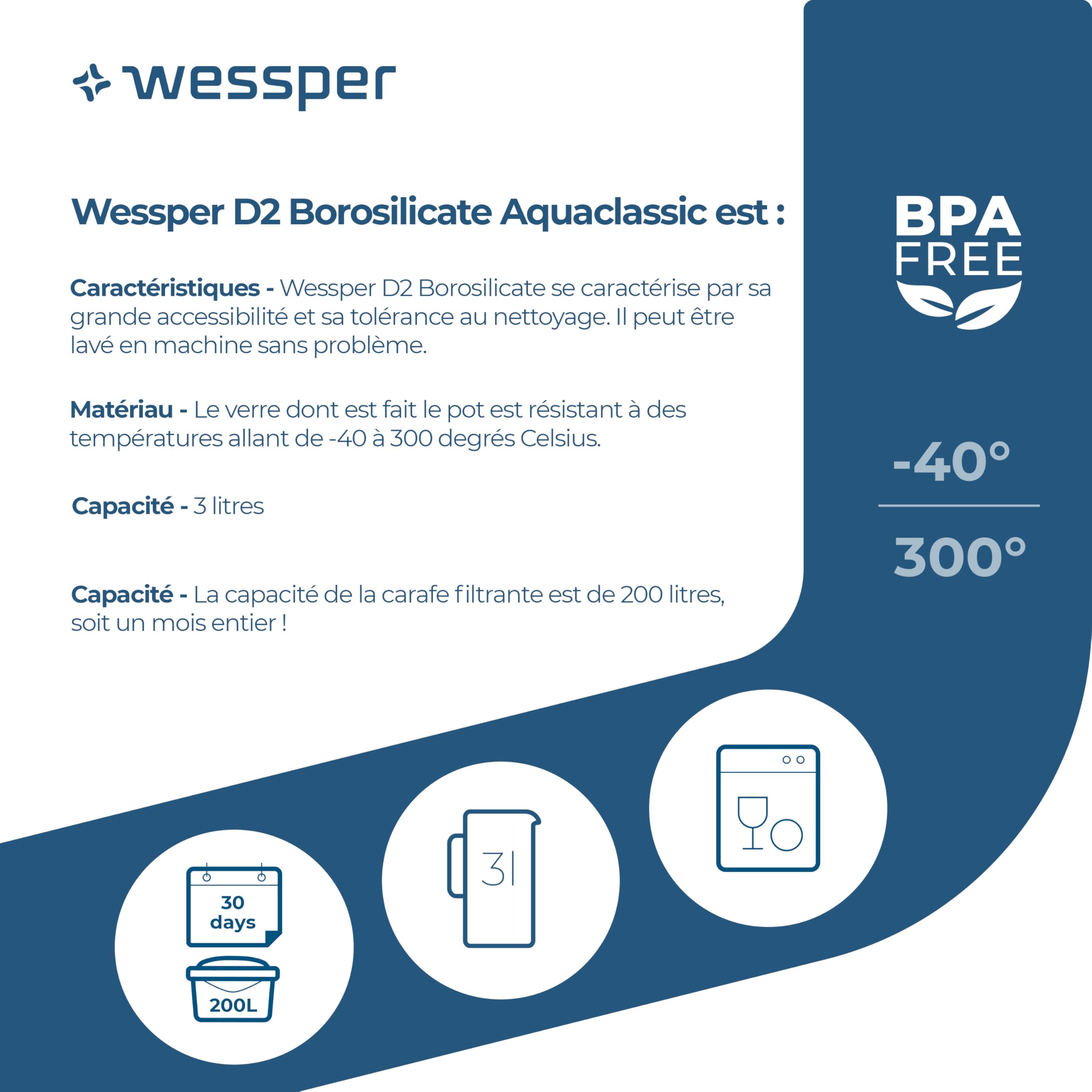 Wessper Carafe Filtrante en Verre avec Deux Cartouche Anti Calcaire, Carafe d'eau Capacité de 3 L, Filtres eau Compatible avec Brita Classic, Dafi Classic, Blanc