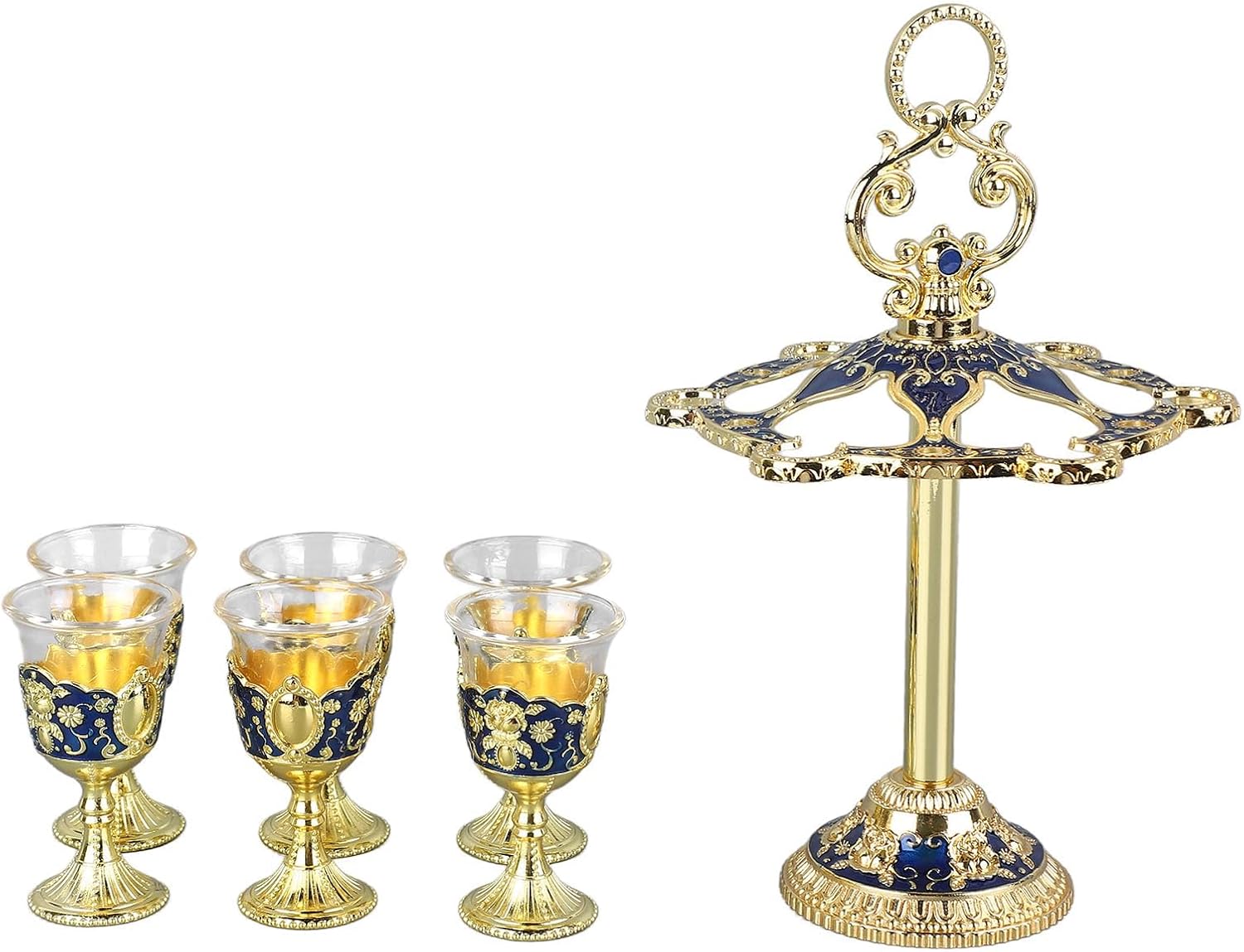 6Pcs Retro Chinese Chalice, Embossed Flower Zinc Alloy Goblets, Unique Drinking Cups for Party Banquet Bar and Family Decor (Gold Blue)