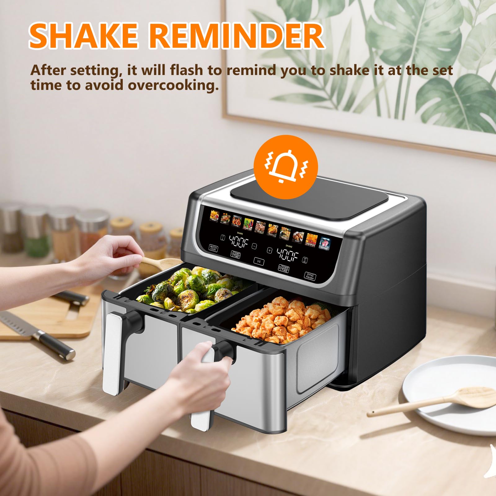 OLIXIS Dual Basket Air Fryer, 9.5 Quart Large Air Fryer with Double Basket, Independent TEMP Control, Sync Setting, Shake Reminder, 10 Presets for Bake, Broil, Defrost, Dehydrate, Black view 8