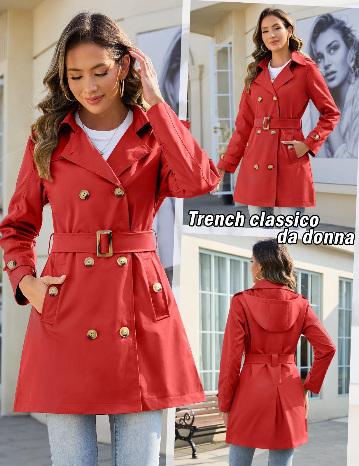 Tuopuda Trench da Donna a Doppiopetto Cappotto Lungo Giacca Leggero Classico Trench Impermeabile Antivento Trenchoat per la Primavera e L'autunno