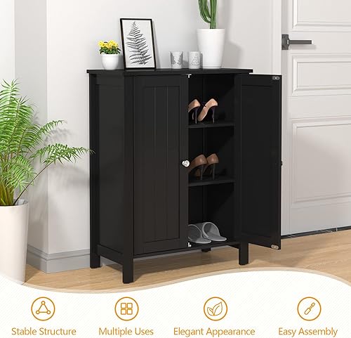 Miniatura 4 de GOFLAME Armario de suelo de baño, armario organizador de almacenamiento independiente con estante ajustable de 3 niveles y puertas dobles, armario