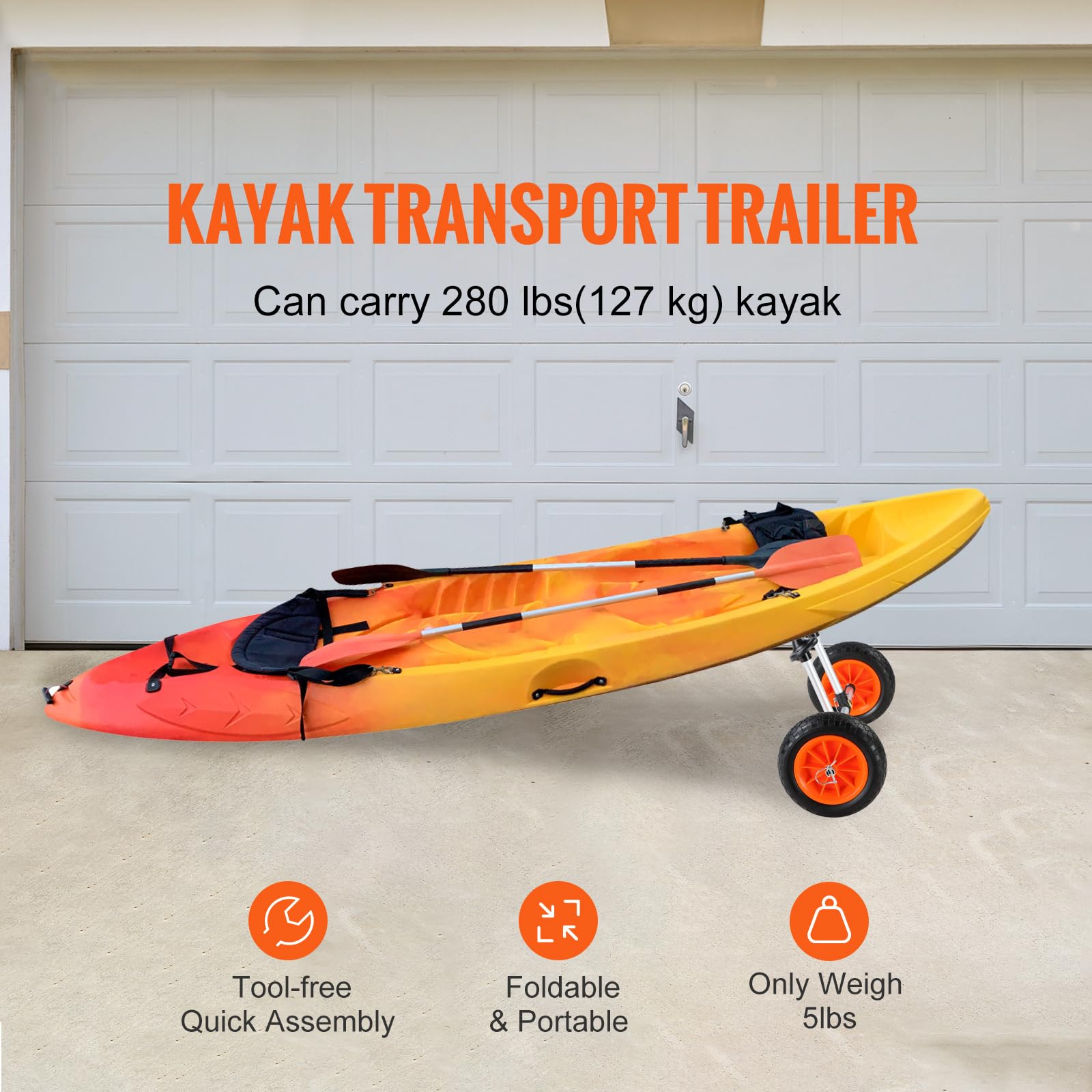 Happybuy Heavy Duty Kayak Cart, 280lbs Capacity, Detachable Canoe Trolley with 10'' Solid Tires, Adjustable Width & Foam Protection, for Kayaks with Drain Holes 2.54mm+
