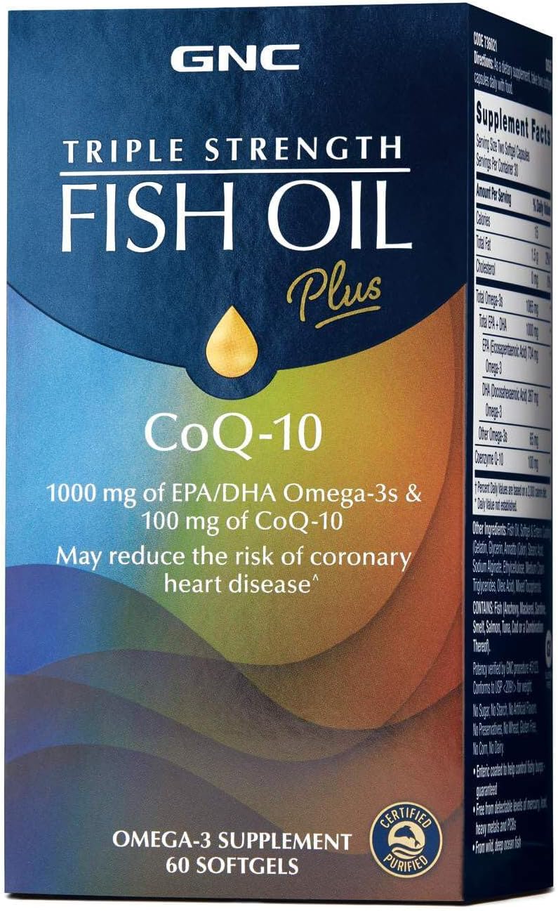 GNC Triple Strength Fish Oil Plus CoQ10 Omega 3 Supplement, 1000mg EPA and DHA, 100mg CoQ10, Heart and Circulatory Health, Plus Skin, Joint, Brain, and Eye, Coated to Control Fishy Burps, 30 Servings