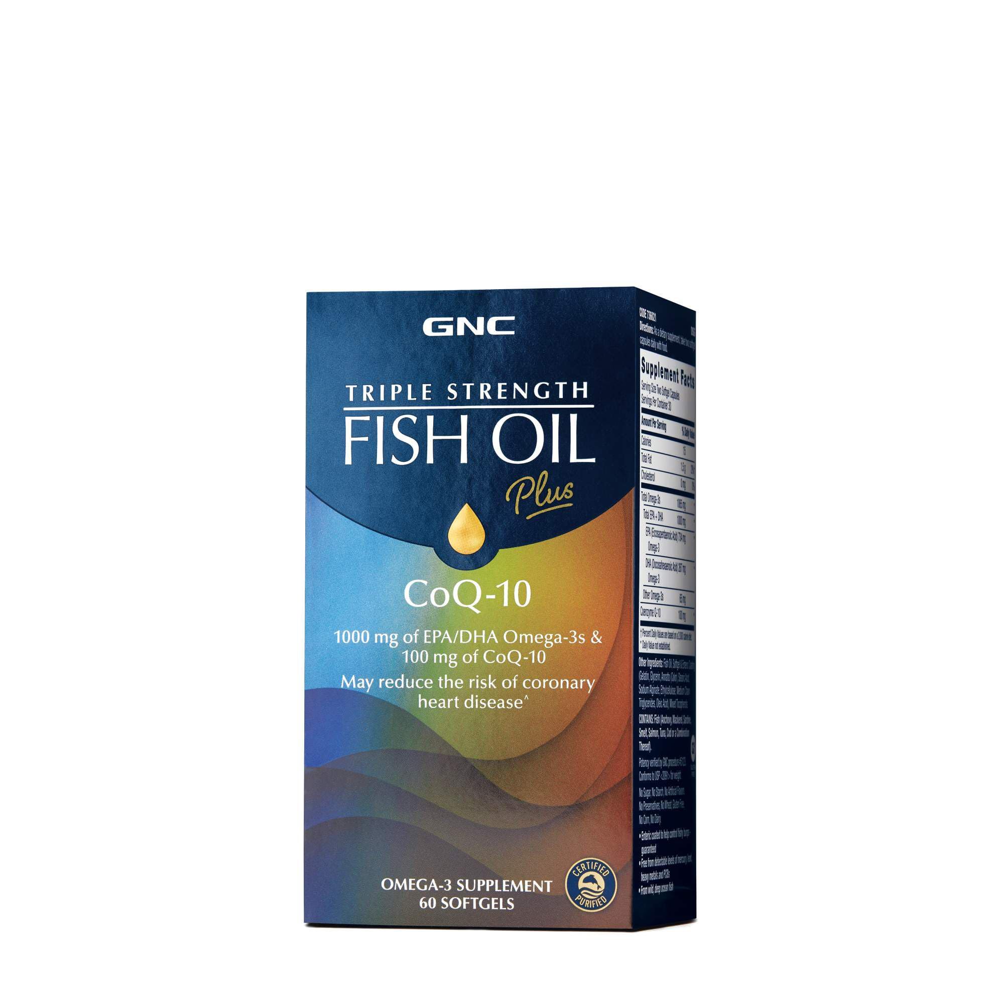 Triple Strength Fish Oil Plus CoQ10 Omega 3 Supplement, 1000mg EPA and DHA, 100mg CoQ10, Heart and Circulatory Health, Plus Skin, Joint, Brain, and Eye, Coated to Control Fishy Burps, 30 Servings