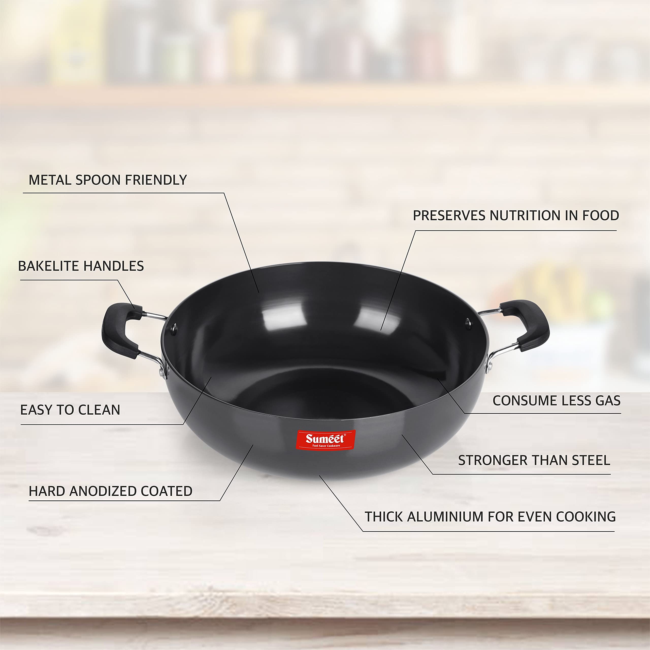 Sumeet 3mm Hard Anodized Aluminium Deep kadai, Big Size No.-15 (28.5cm Dia. 4.5 L Capacity, Black) - Image 2 thumbnail