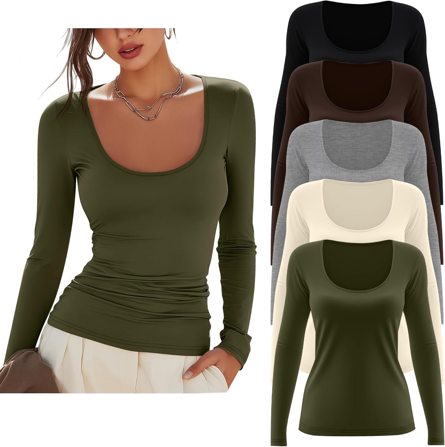 Velvelhall 5 Pack Women's Scoop Neck Tops Long Sleeve Slim Fit T Shirt Basic Tunic Tops Casual Fall Layer Undershirts Tees