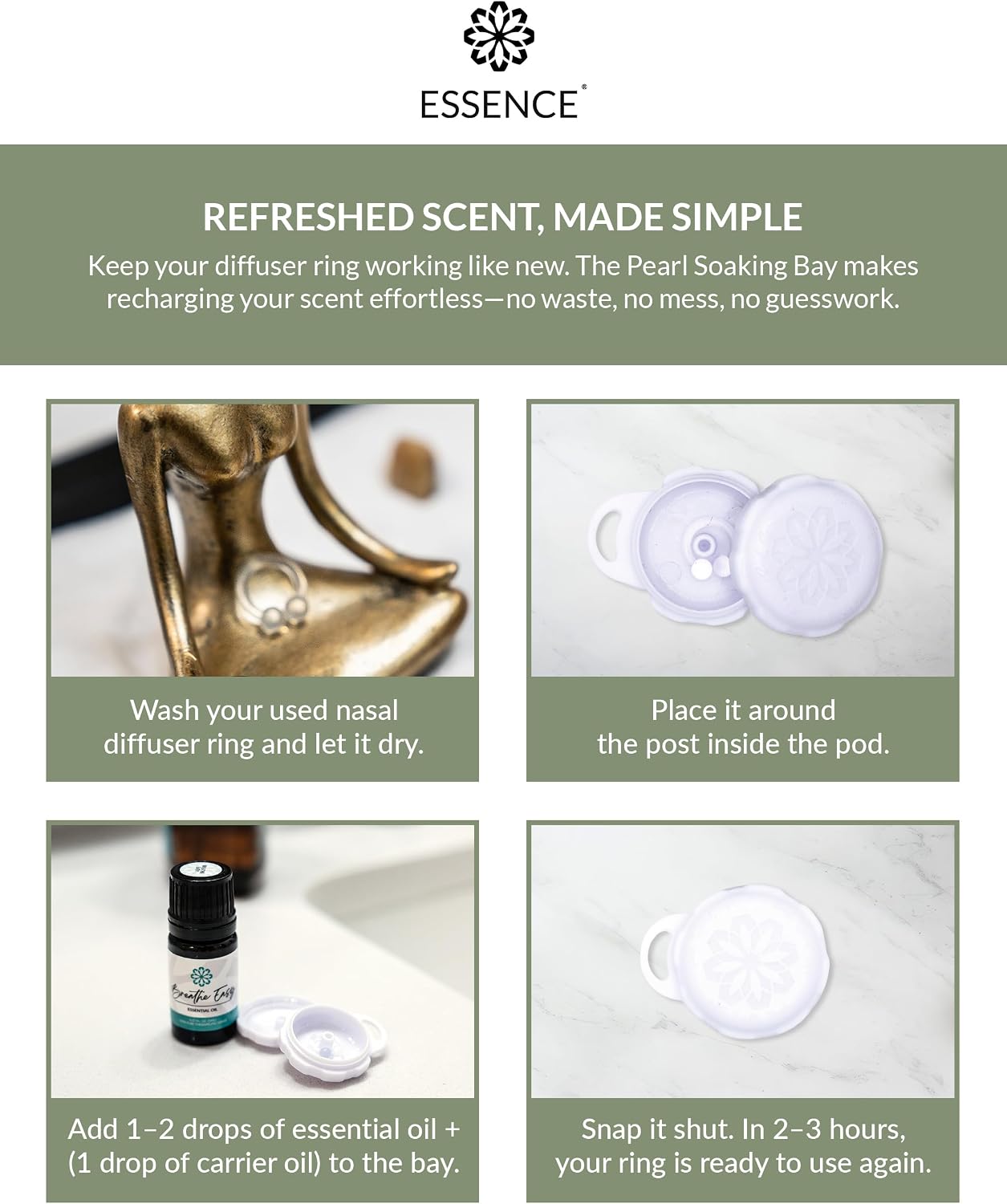 Essence Pearl Travel Case | Lemongrass Essential Oil | Aromatherapy Nasal Diffuser & Essential Oil Carrying Case | Refreshing Lemongrass Scent | Travel-Friendly Kit | White Pod