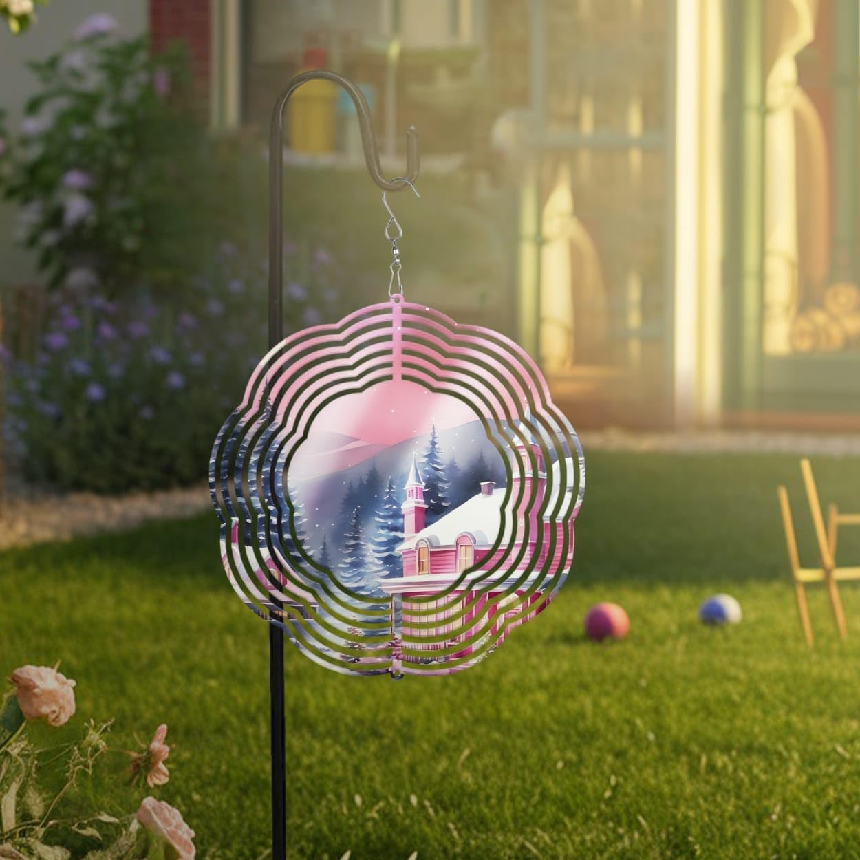 Pink Farmhouse Christmas Wind Spinners 3D Stainless Steel Laser Cut Metal Double Sided Printing-Hanging Indoor/Outdoor Decorations Yard Gardening Decor,Metal Kinetic Art 16x16 inches