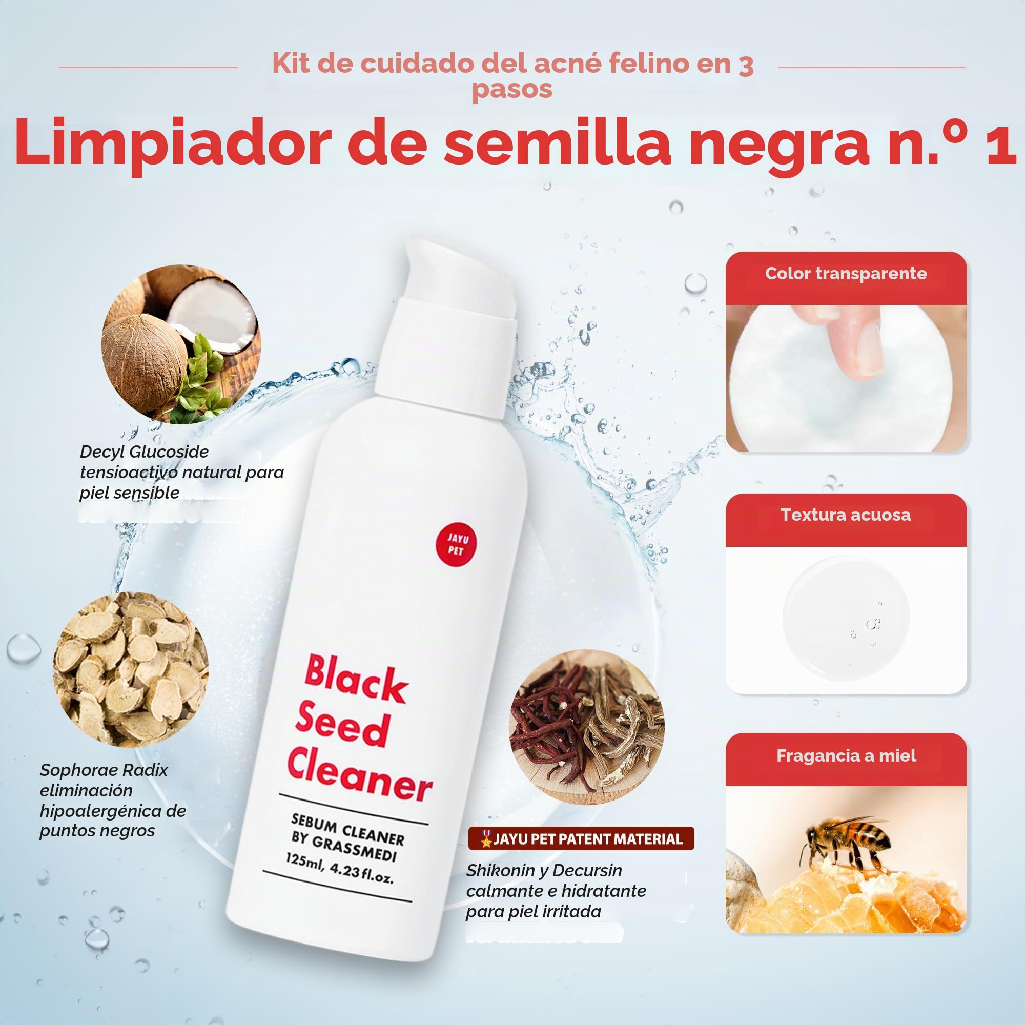 JAYU PET Kit de cuidado del acné de gato de 3 pasos, limpiador hipoalergénico para acné felino, almohadillas de doble cara para el acné de gato (1EA), toallitas de tratamiento de barbilla para el acné