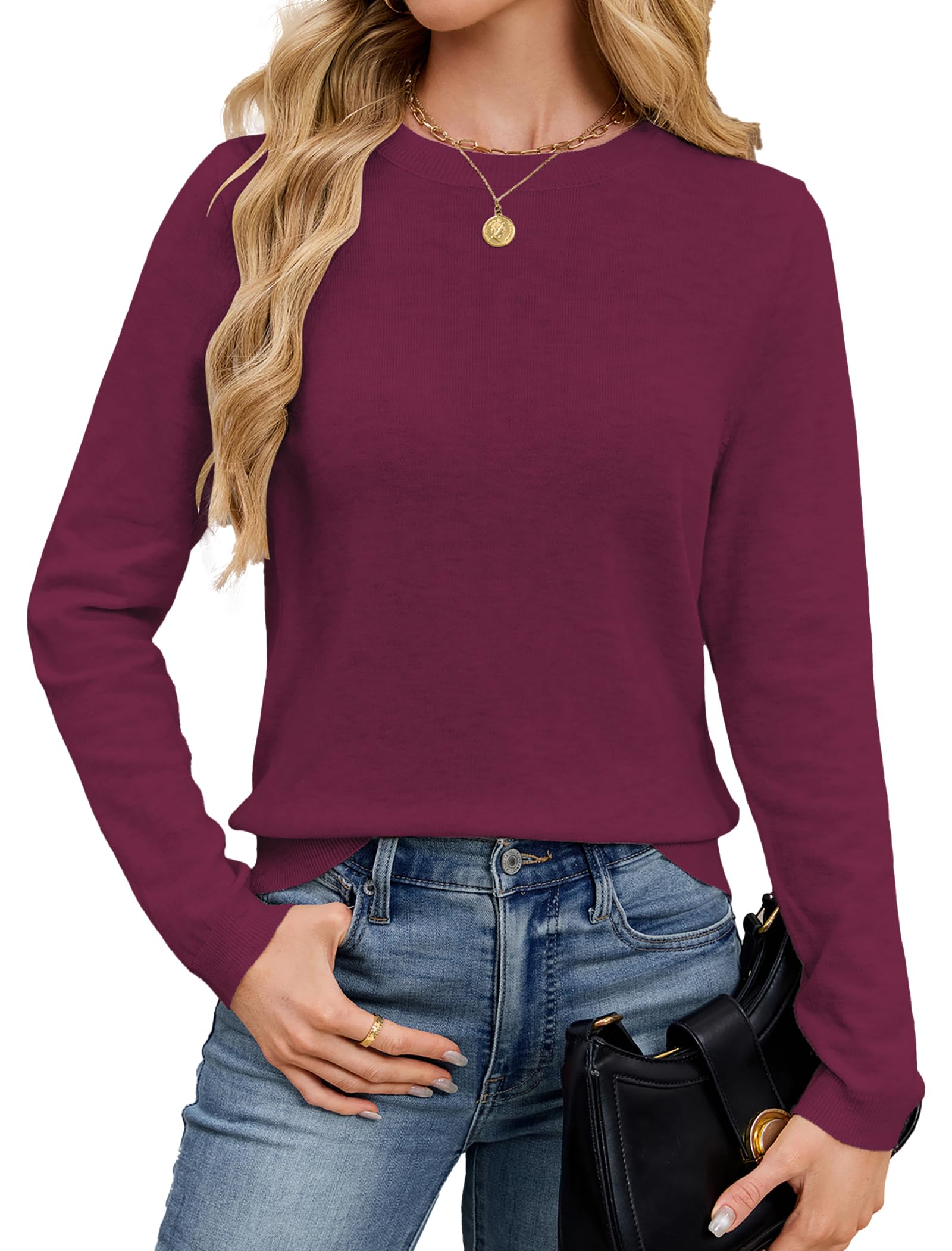 SunnyMelody Womens Lightweight Crewneck Long Sleeve Pullover Sweater Spring 2025 Casual Dressy Ribbed Knit Sweaters Top