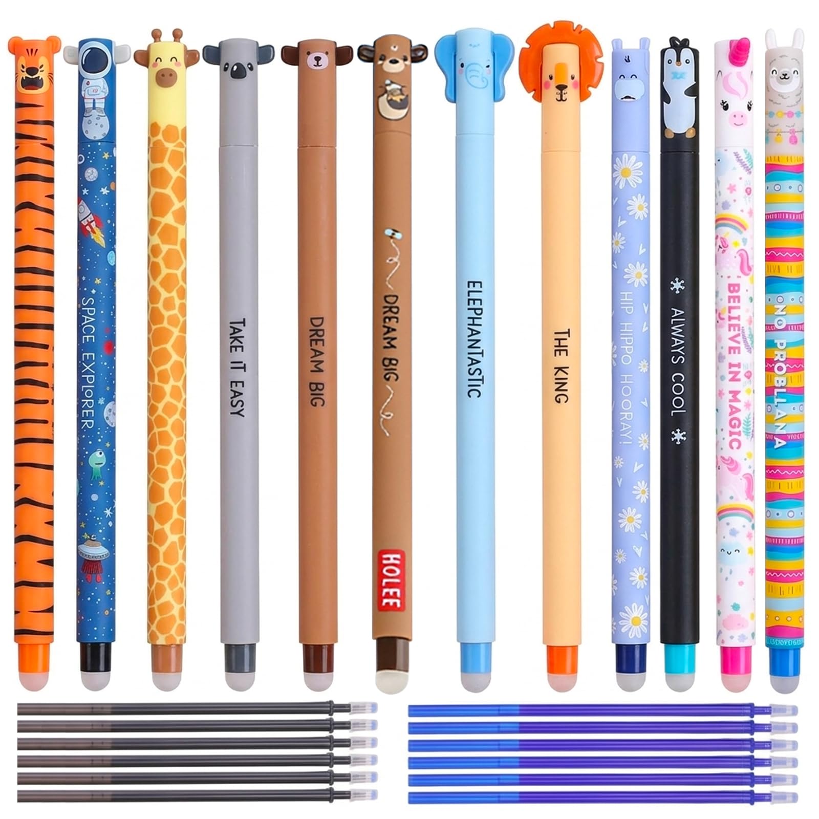 12Pcs Rub Out Pens, Erasable Gel Pens for Office Workers, Animal Pen with 12 Replaceable Refills for Note Taking and Creative Doodling, with Erasers on the End