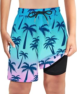Boys Swim Trunks, Swim Shorts with Compression Boxer Brief and Anti-Chafing Inner Liner, Quick Drying Shorts