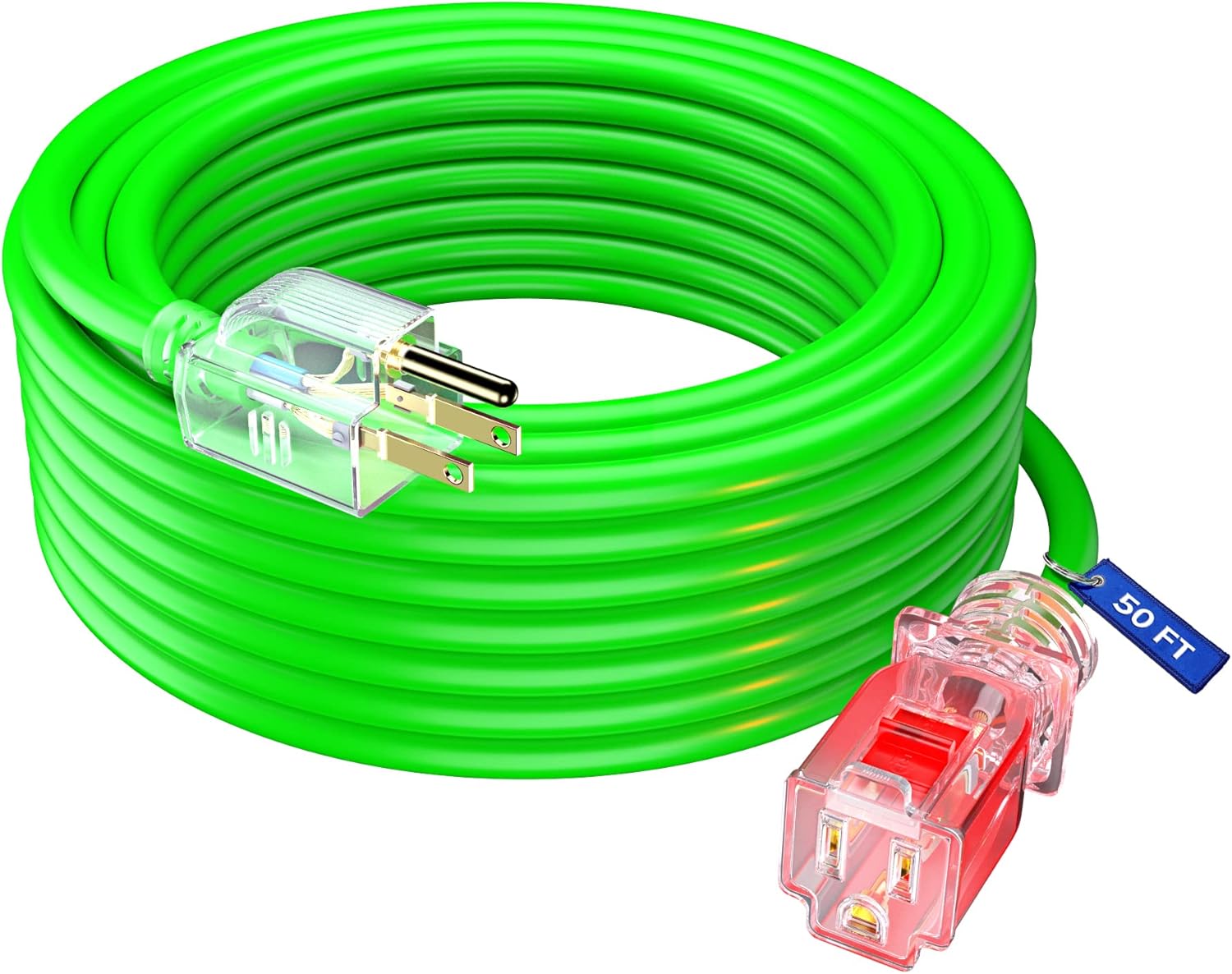 Maximm Extension Cord with Locking - Lighted Power Indicator l 50 Feet l (Green) 16 Gauge, SJTW, Heavy Duty Extension Cord