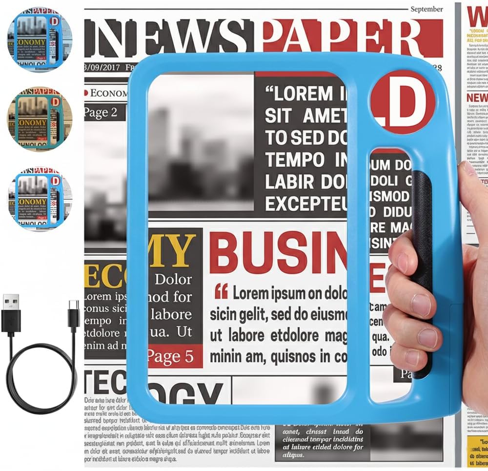 5X 10X Full Page Magnifying Glass for Reading, Rechargeable with 48 Adjustable LED Lights & 3 Light Modes, Comfort-Grip & Lightweight Handheld Magnifier for Seniors, Reading Aid, Low Vision(Blue)