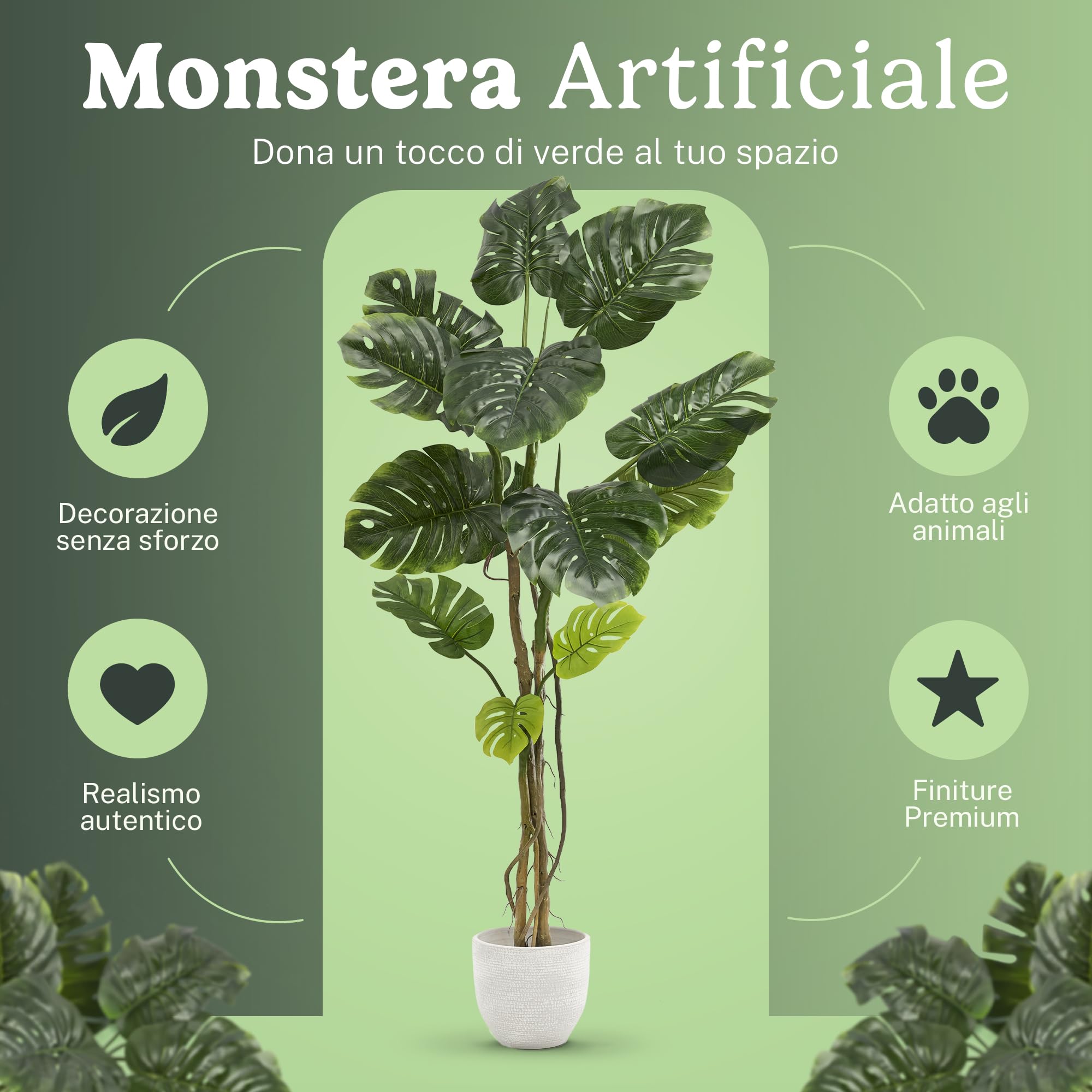 Maia Shop Monstera 150 cm - Pianta Artificiale da Interno | Pianta Artificiale Alta con Foglie Realistiche per Casa Soggiorno Ingresso Ufficio - Vaso Nero Incluso
