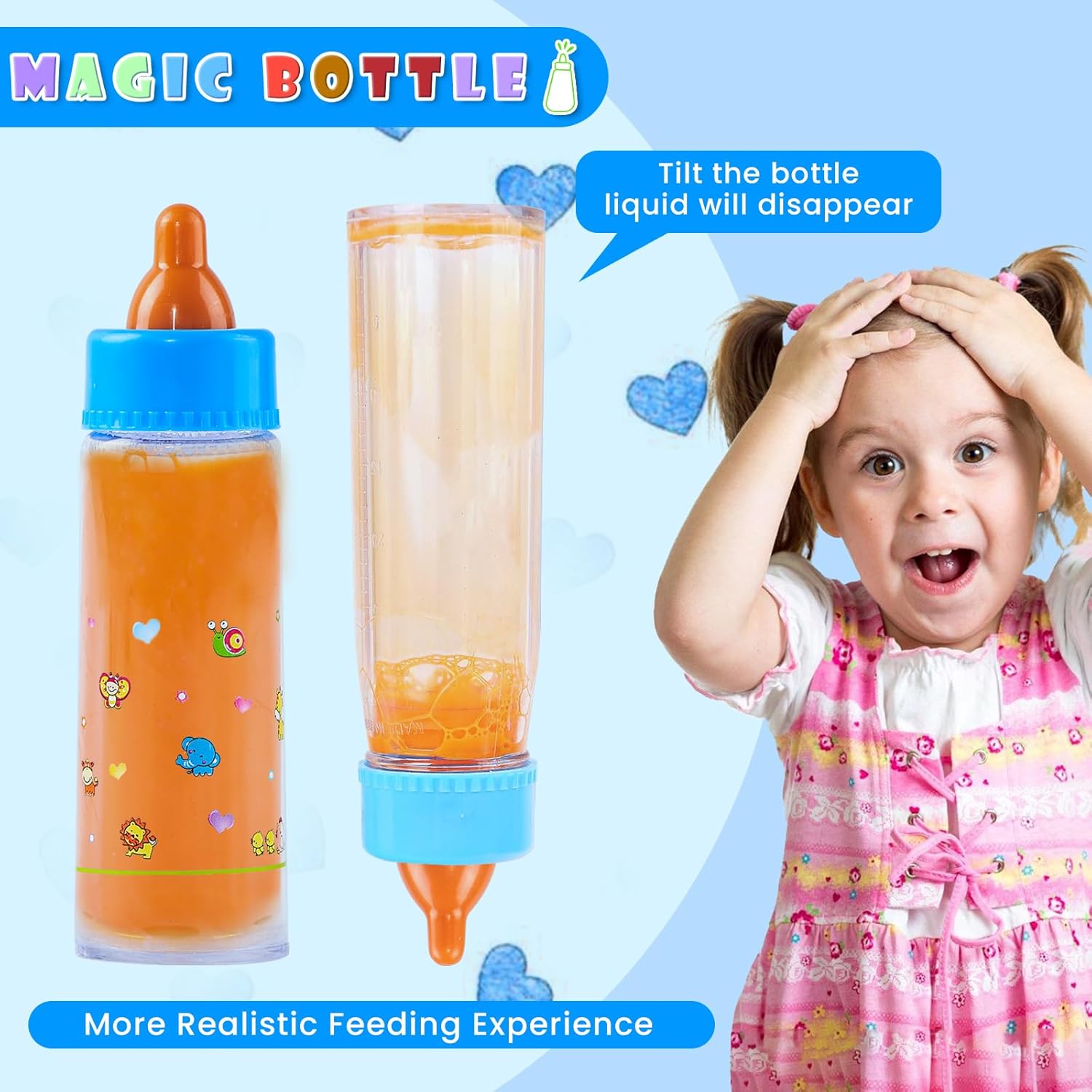 SCOM Reborn Baby Dolls and Baby Doll Bottle Accessiories,18 Inch Realistic Baby Doll and 6 PCS Feeding Bottle Toys，Magic Disappearing Milk&Juice