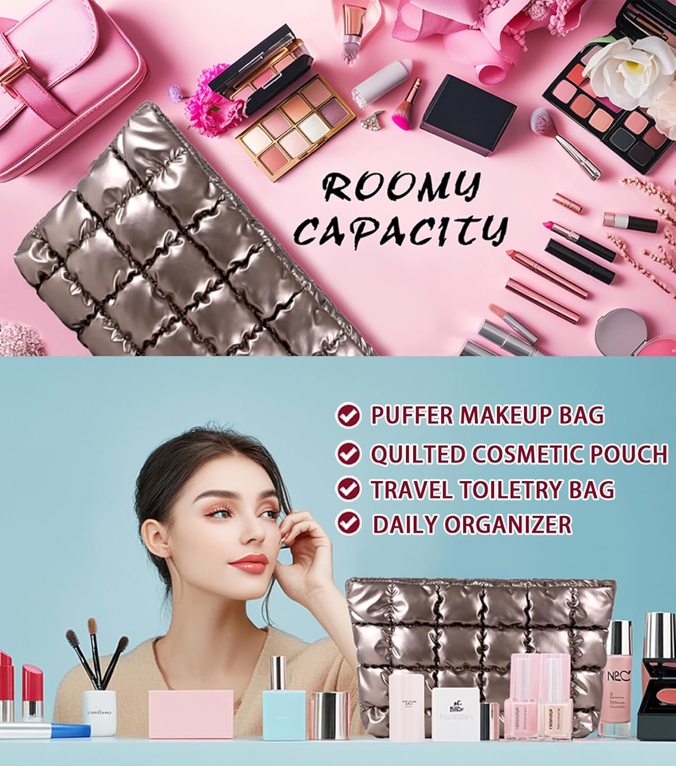 Puffy Quilted Makeup Bag, Cosmetic Bag, Travel Toiletry Organizer Pouch, Clutch for Women (Gold) - Image 2